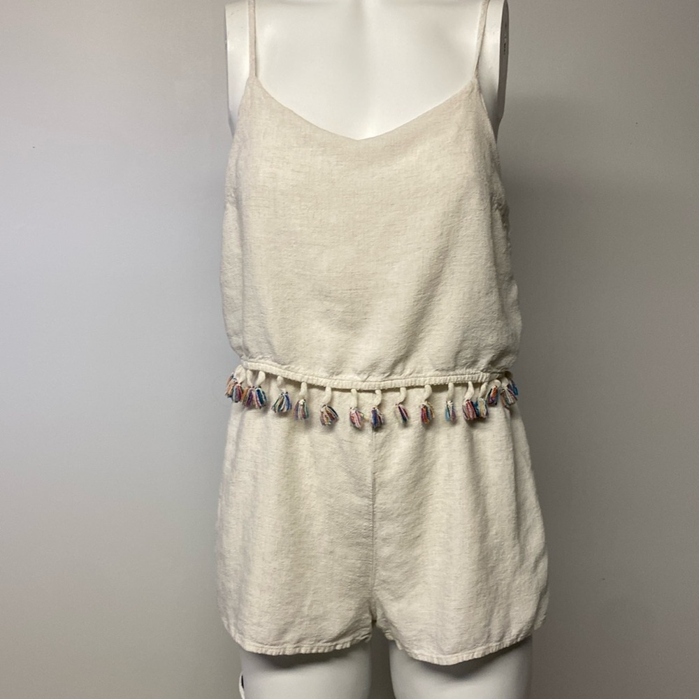 PAPER CRANE Anthropologie Rainbow Fringe Tassel Linen Cream Romper Womens Small - Picture 1 of 8